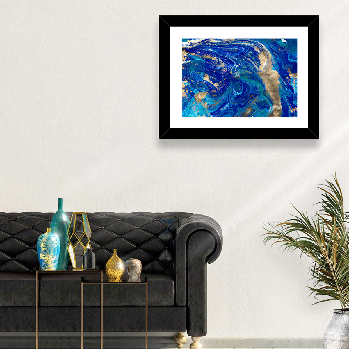 Blue and Gold Liquid Marble Swirls Wall Art in a room, landscape