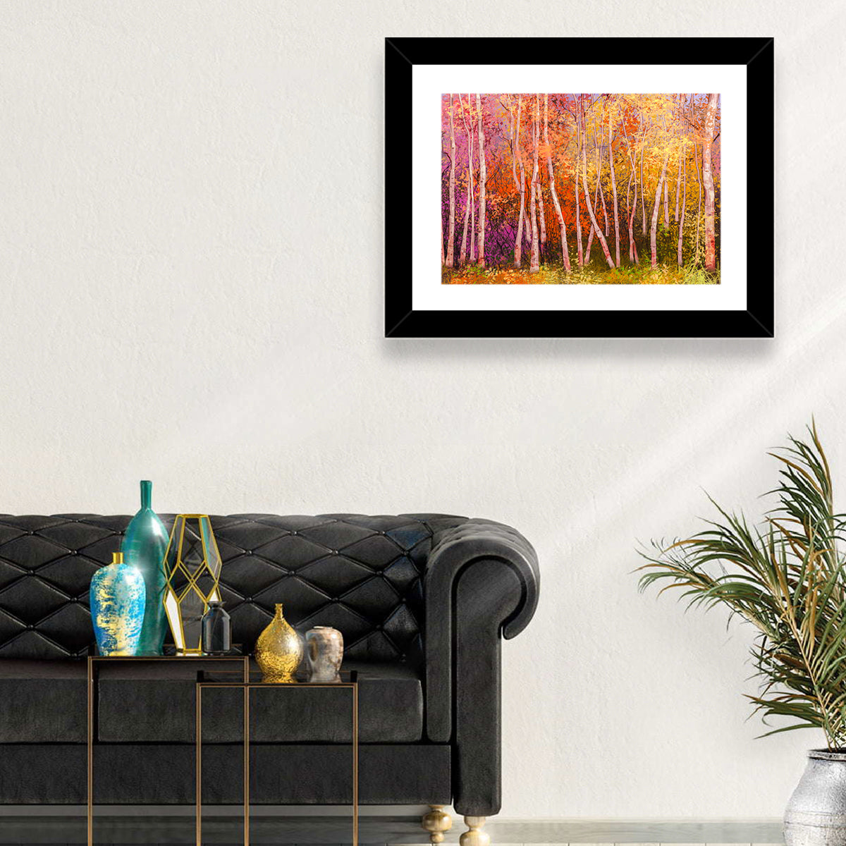 Vibrant Autumn Birch Grove Wall Art in a room, landscape