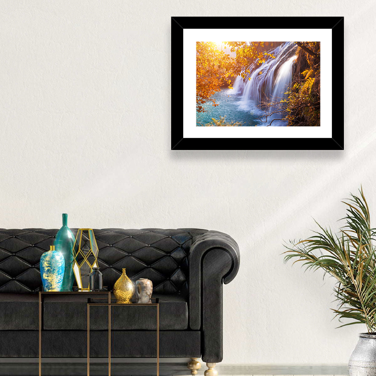 Golden Hour Waterfall in Autumn Forest Wall Art in a room, landscape