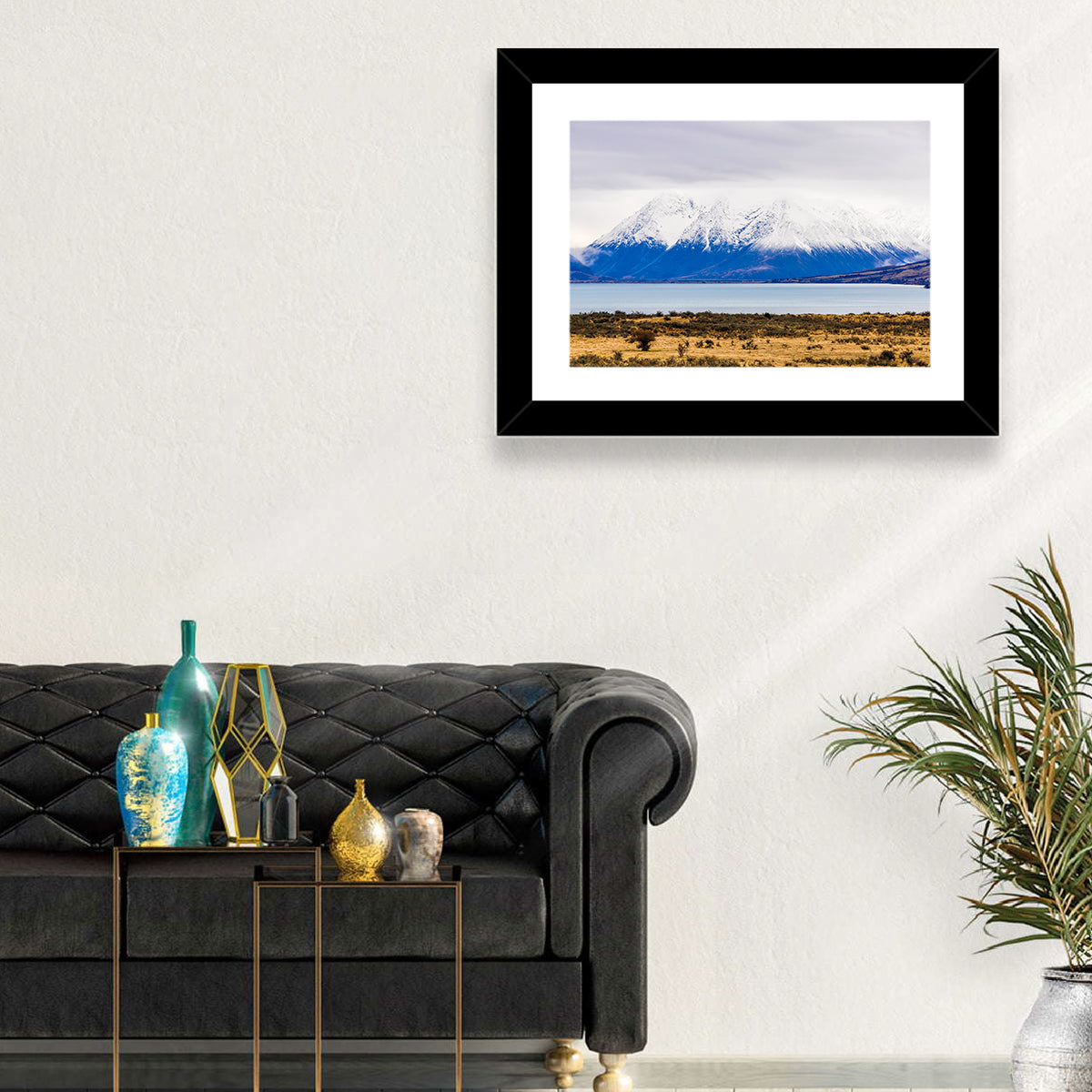 Lake Ohau Snowy Peaks Wall Art in a room, landscape