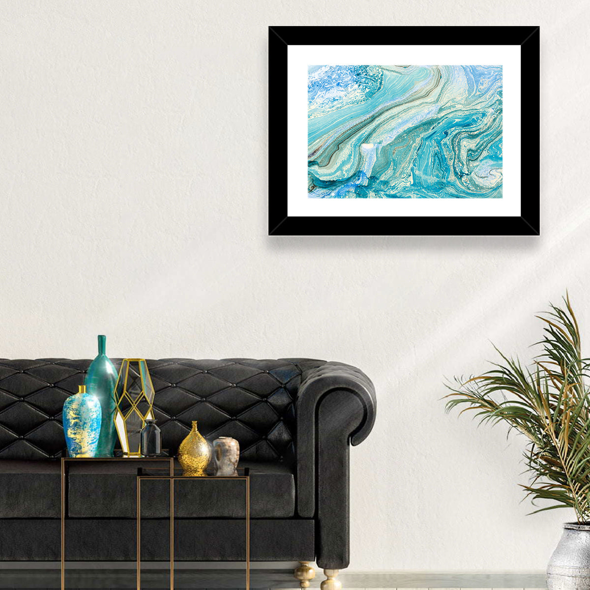 Aqua Marble Swirls with Silver Accents Wall Art in a room, landscape