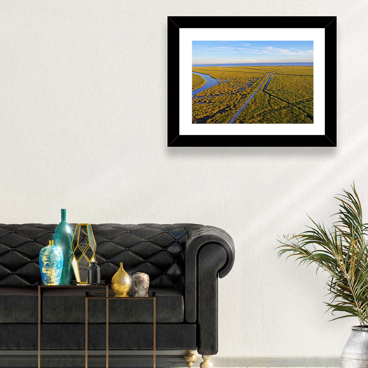 Delaware Bay Marshland Aerial Wall Art in a room, landscape