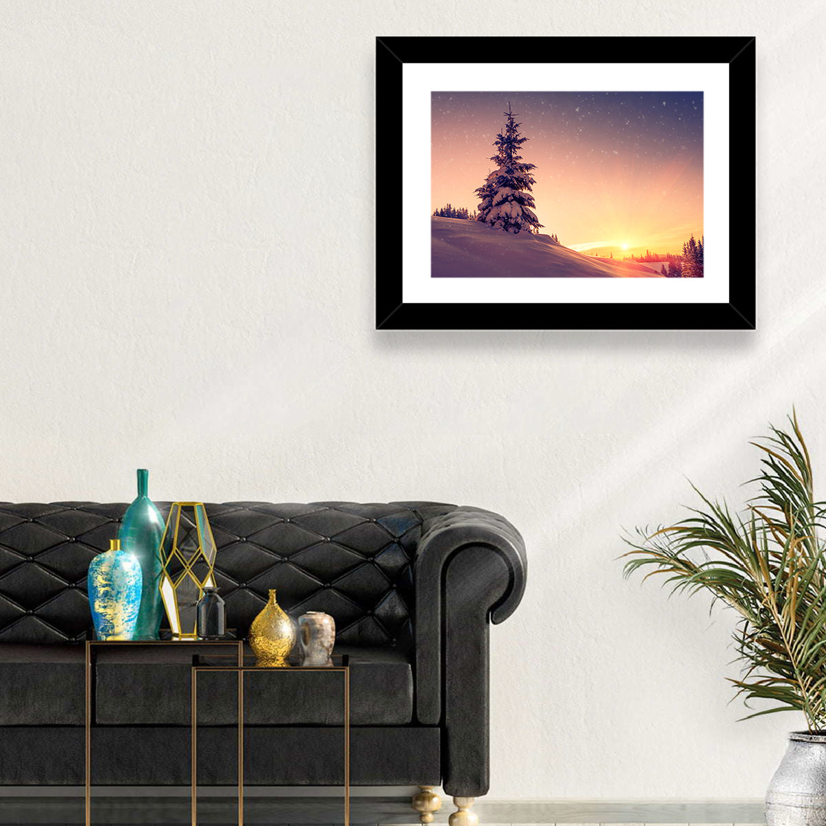 Snowy Sunset with Conifer Wall Art in a room, landscape