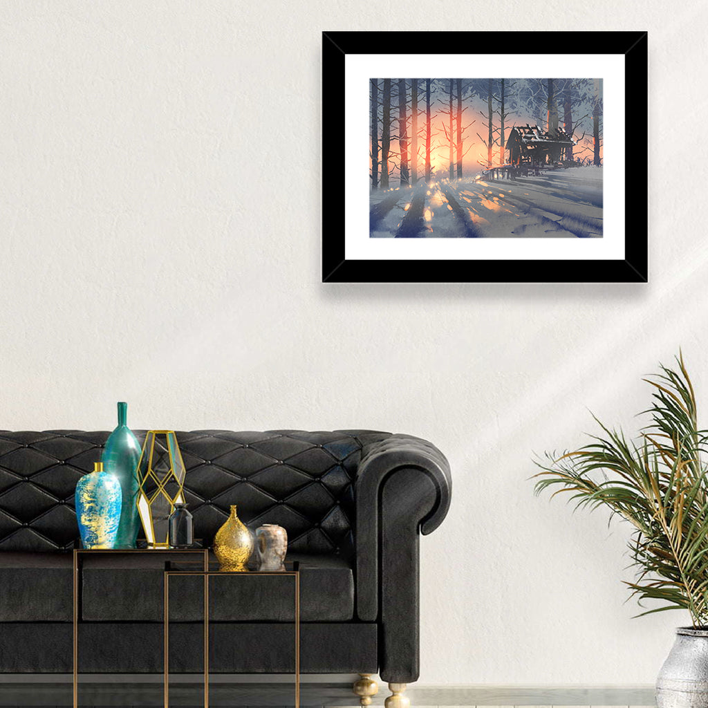 Snowy Forest Cabin at Sunset Wall Art