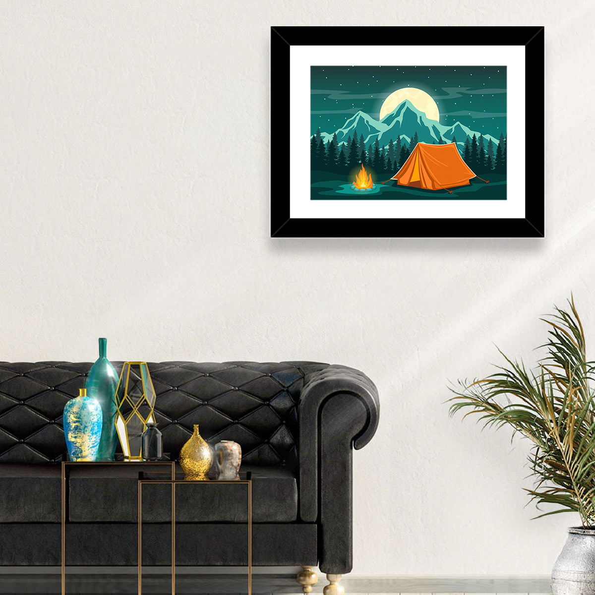 Moonlit Campfire Landscape Wall Art in a room, landscape