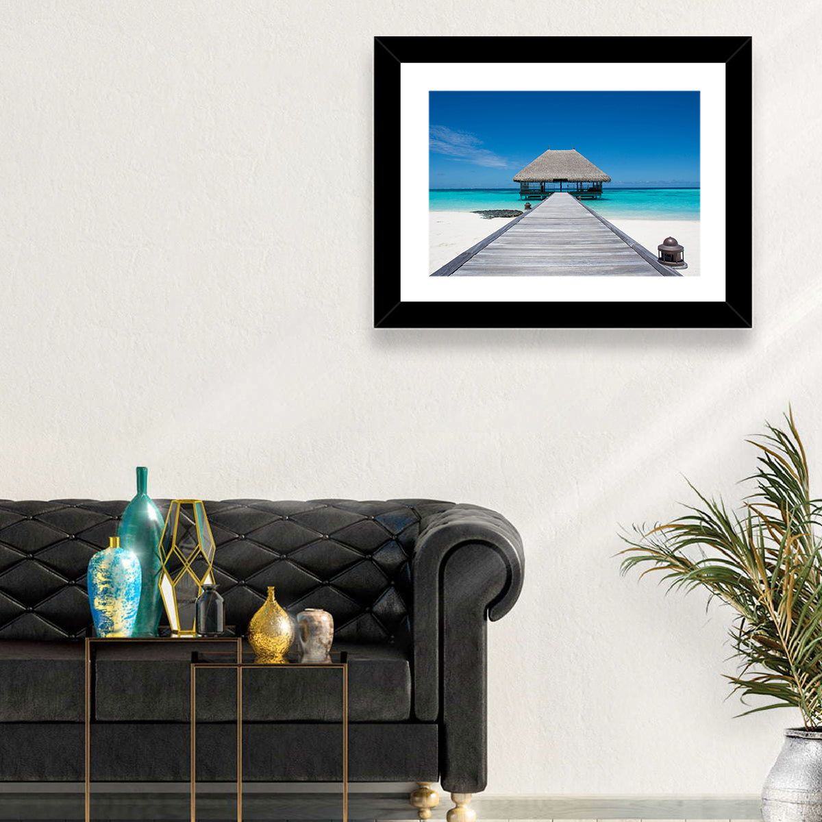 Maldives Turquoise Pier Wall Art in a room, landscape