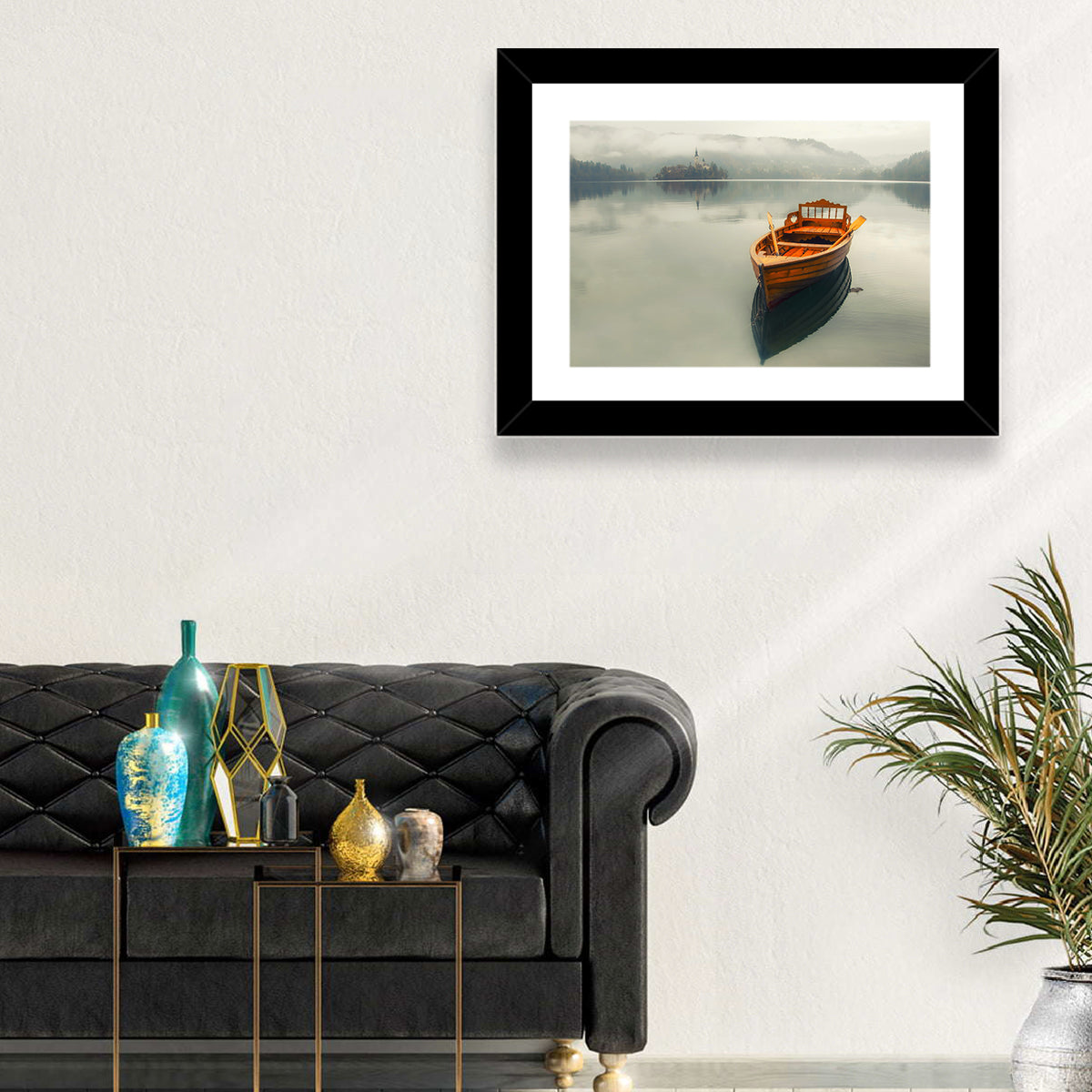 Wooden Boat on Misty Lake Bled Wall Art in a room, landscape