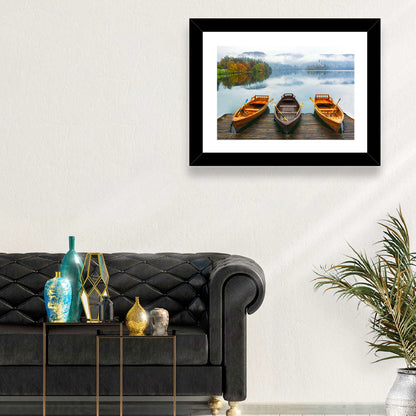 Moored Boats on Misty Lake Bled Wall Art