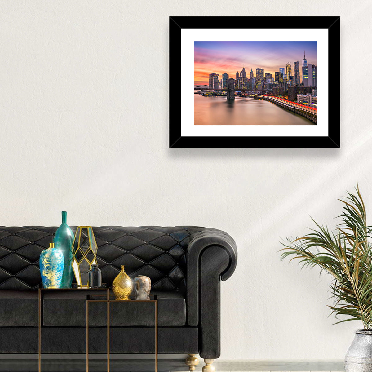 Brooklyn Bridge Light Trails Over Lower Manhattan Wall Art in a room, landscape