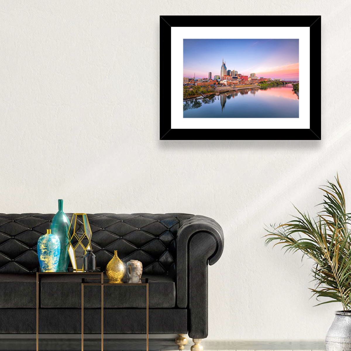 Nashville Skyline at Dusk Wall Art in a room, landscape