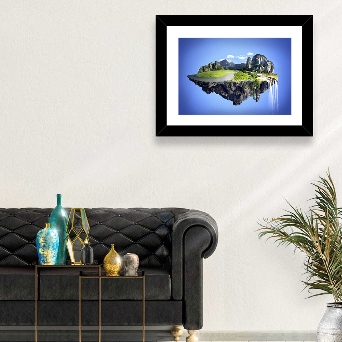 Surreal Floating Island with Waterfalls Wall Art in a room, landscape