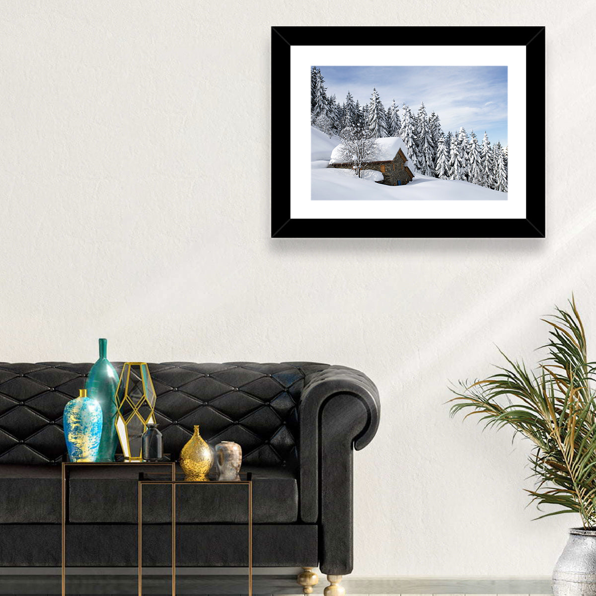 Snow Covered Alpine Cabin Wall Art in a room, landscape