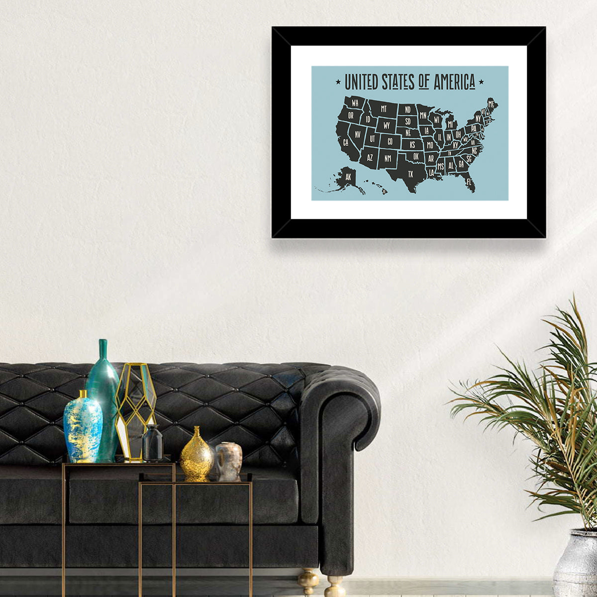 Minimalist USA Map with State Abbreviations Wall Art in a room, landscape
