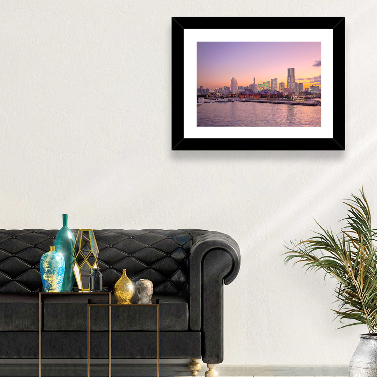 Yokohama Harbor Twilight Wall Art in a room, landscape