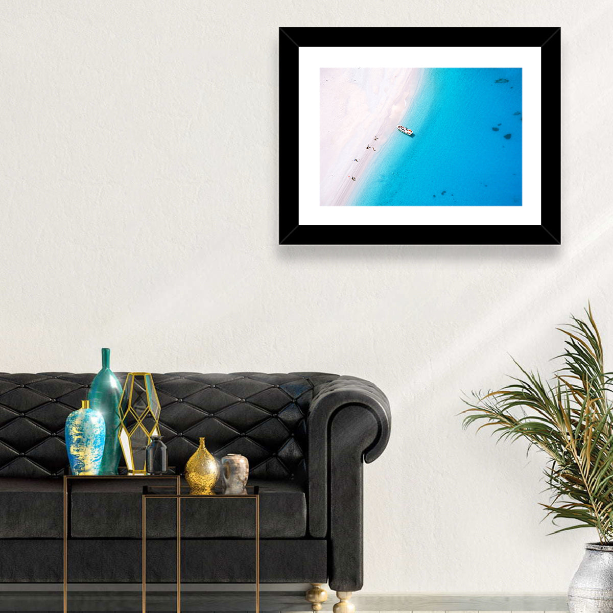 Aerial Beach Bay with White Boat Wall Art