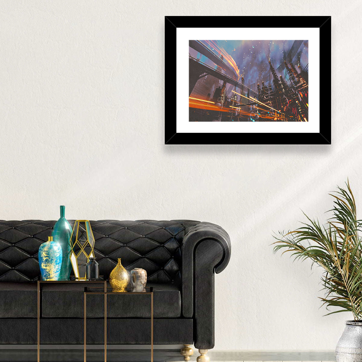 Futuristic Industrial Cityscape Wall Art in a room, landscape