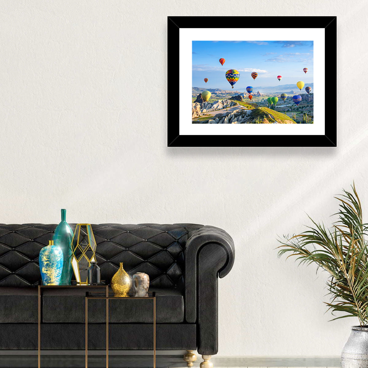 Cappadocia Hot Air Balloons Over Rock Valleys Wall Art in a room, landscape