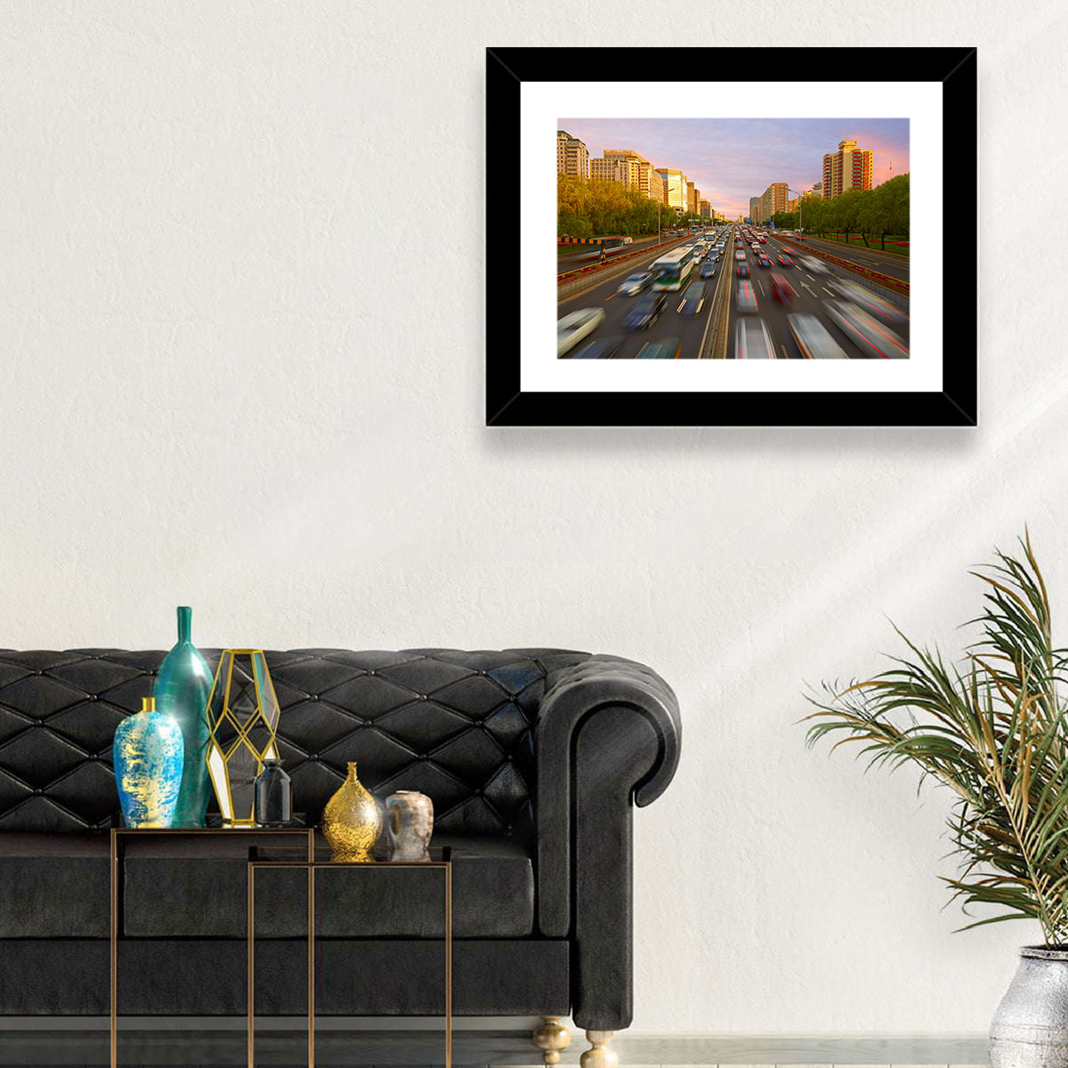 Beijing Sunset Traffic Streaks Wall Art in a room, landscape