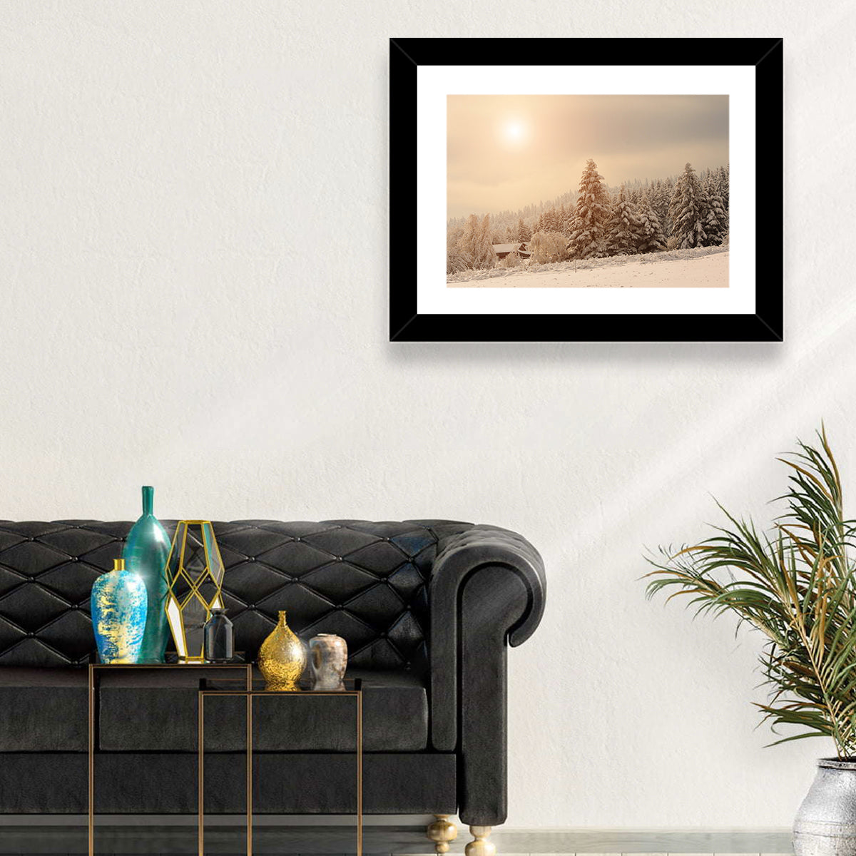 Snowy Pine Forest at Golden Hour Wall Art in a room, landscape