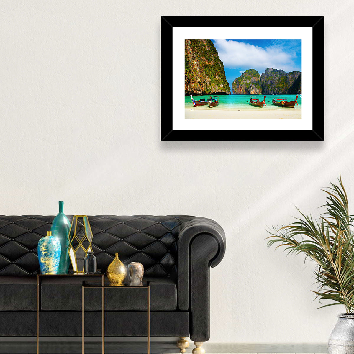 Maya Bay Long-tail Boats Wall Art in a room, landscape