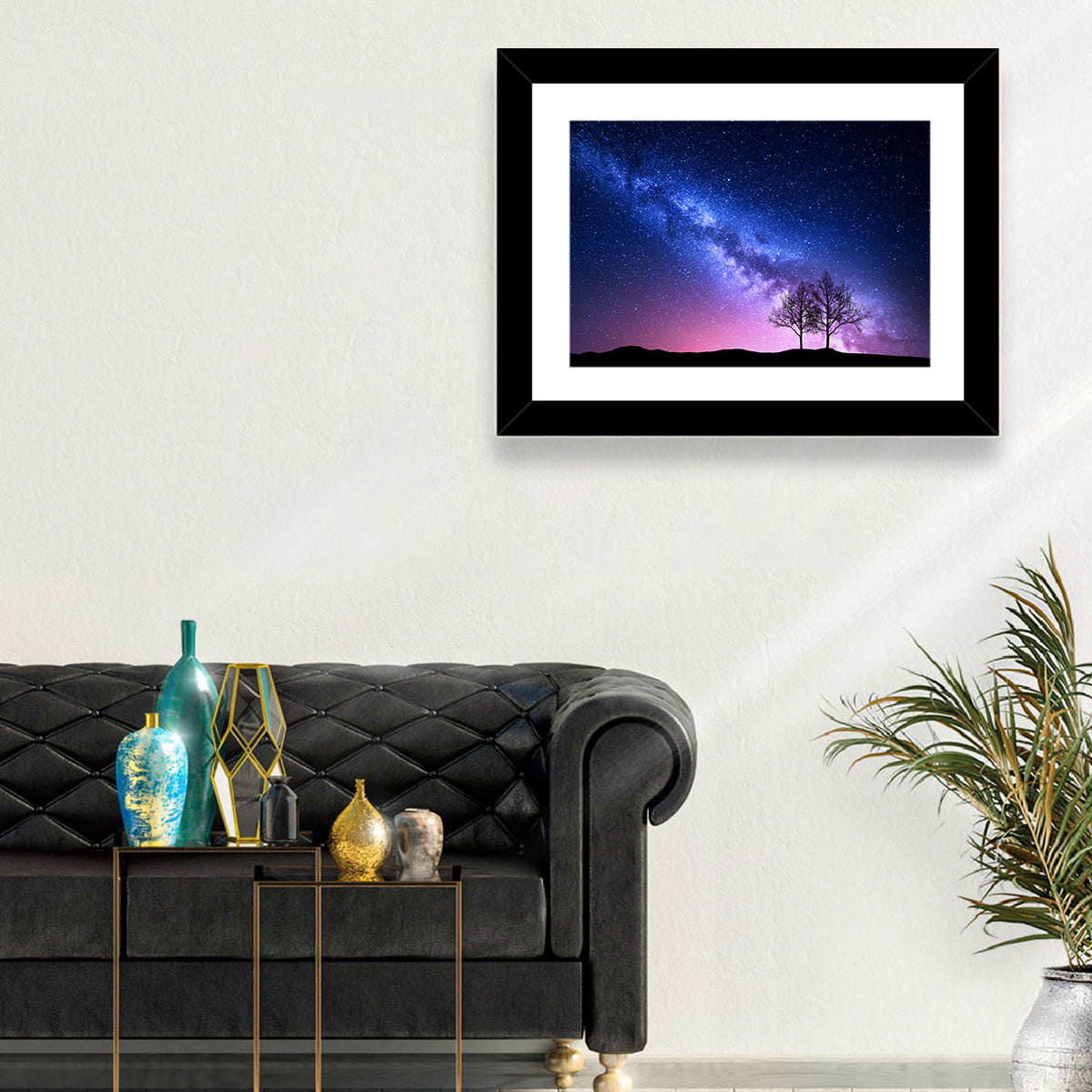 Milky Way Nebula Sky with Silhouetted Trees Wall Art in a room, landscape