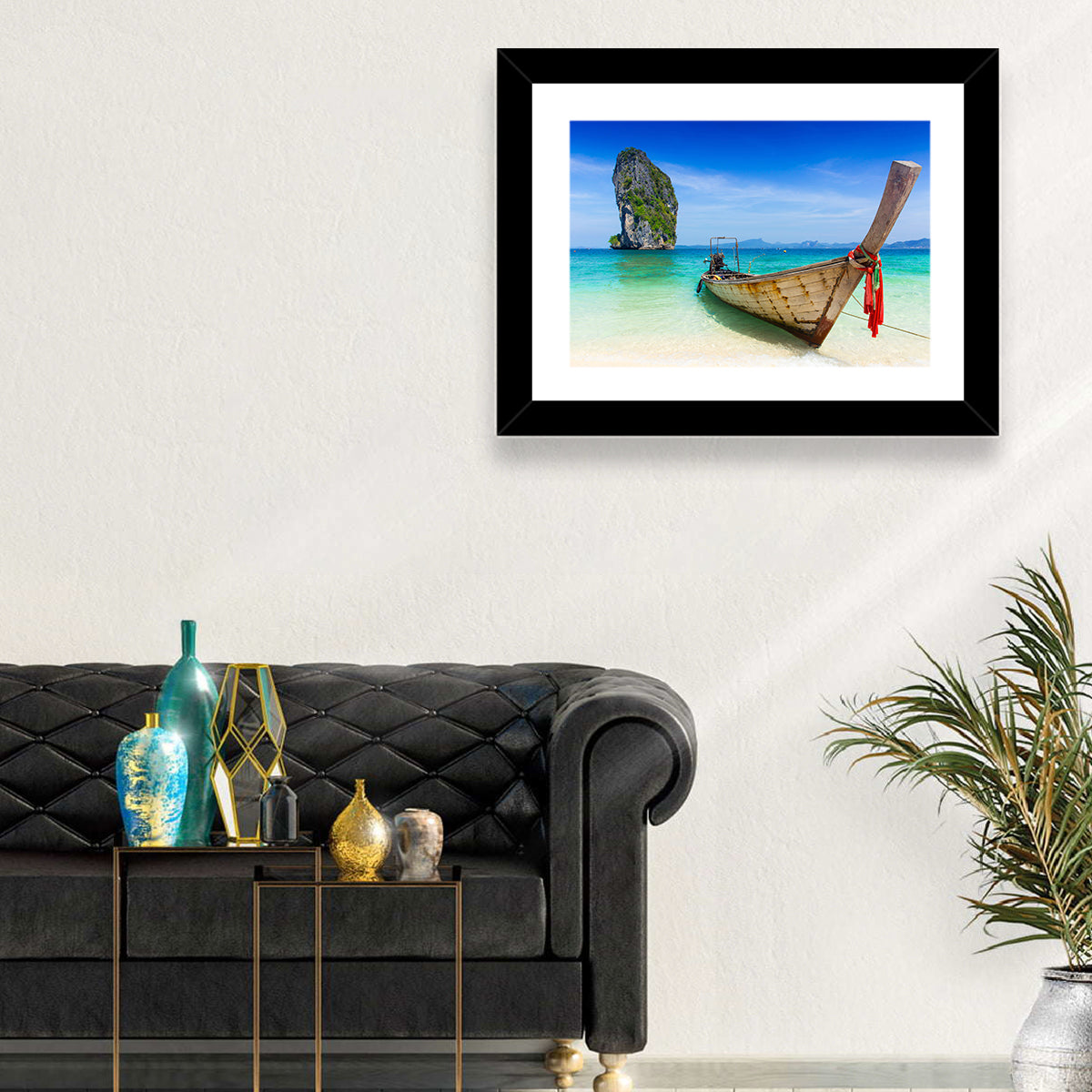 Krabi Longtail Boat Seascape Wall Art in a room, landscape