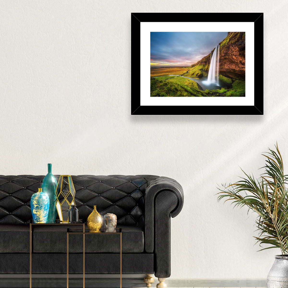 Seljalandsfoss Waterfall Wall Art in a room, landscape