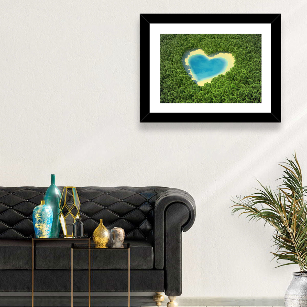 Heart-shaped Pond Aerial View Wall Art in a room, landscape