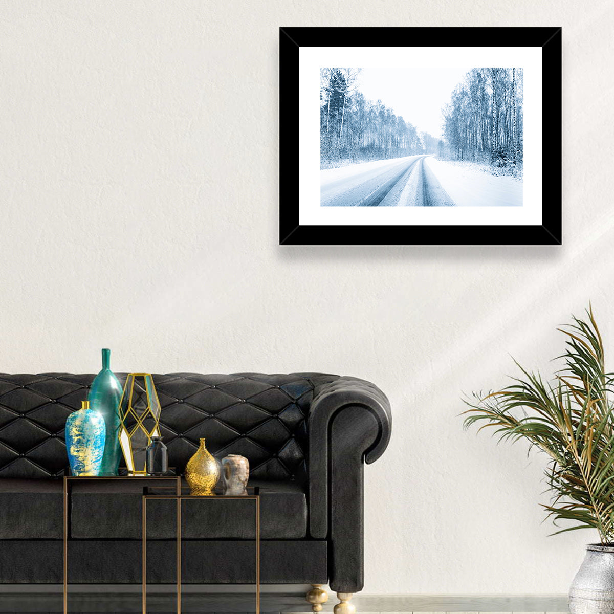 Tire Tracks on Snowy Road Wall Art in a room, landscape