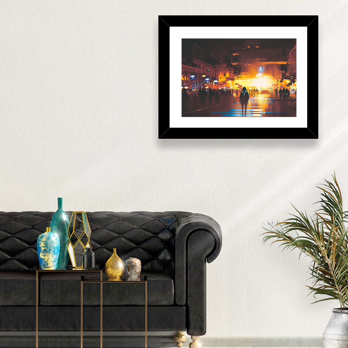 Futuristic Neon Cityscape Wall Art in a room, landscape