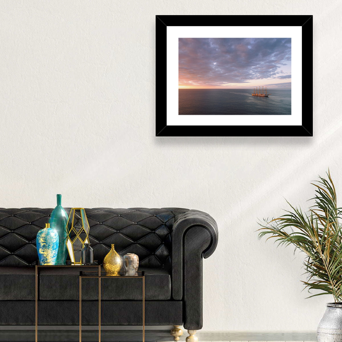 Sunlit Tall Ship at Sea Wall Art in a room, landscape