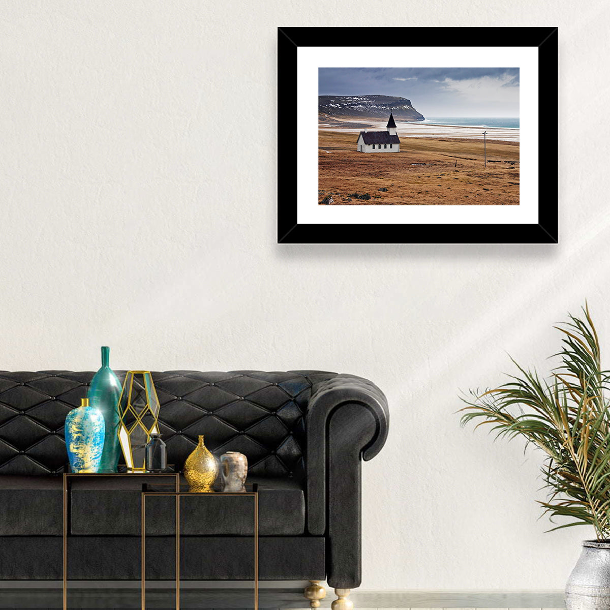 Icelandic Church with Dark Steeple Wall Art in a room, landscape
