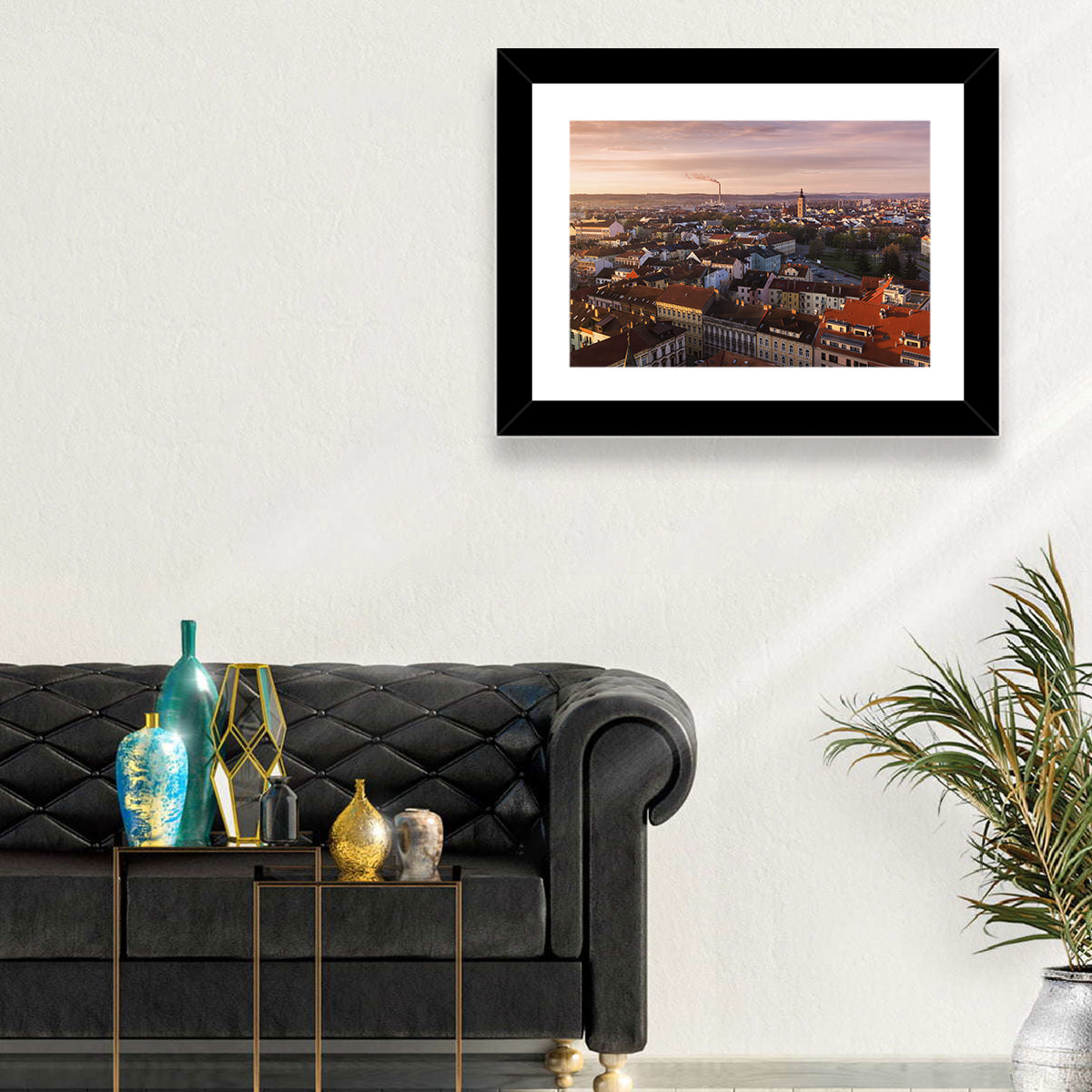 Red Tiled Rooftops at Golden Hour Wall Art in a room, landscape