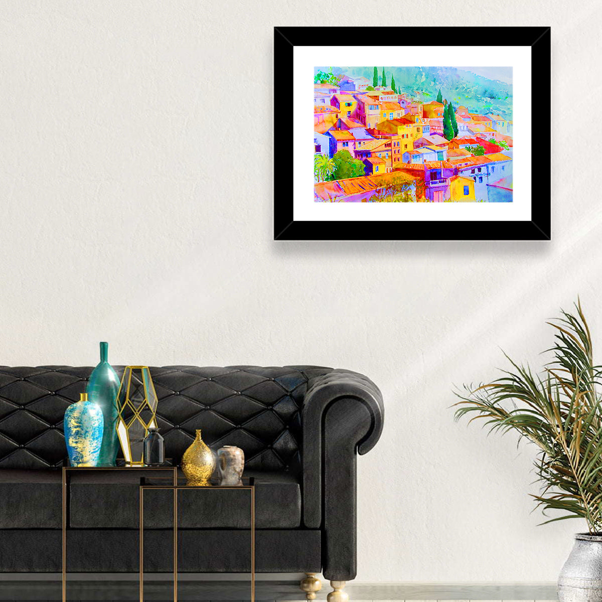 Mediterranean Hillside Watercolor Village Wall Art in a room, landscape