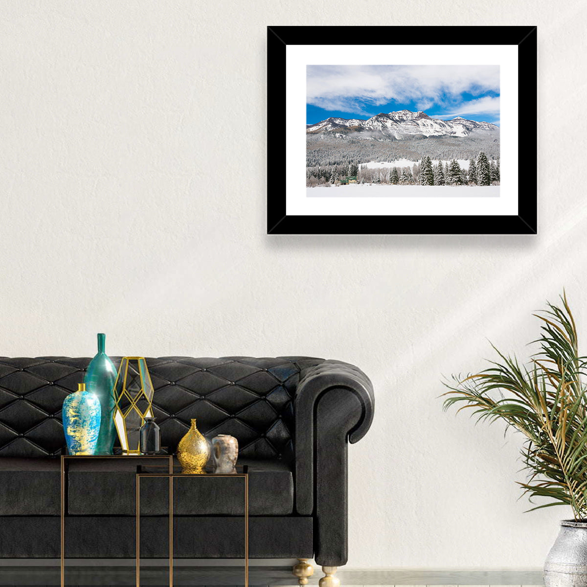 Colorado Snowy Mountain Cabin Wall Art in a room, landscape