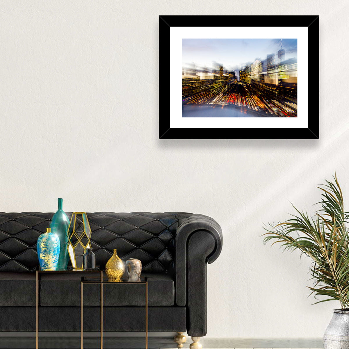 Zoom Burst Skyline Abstract Wall Art in a room, landscape