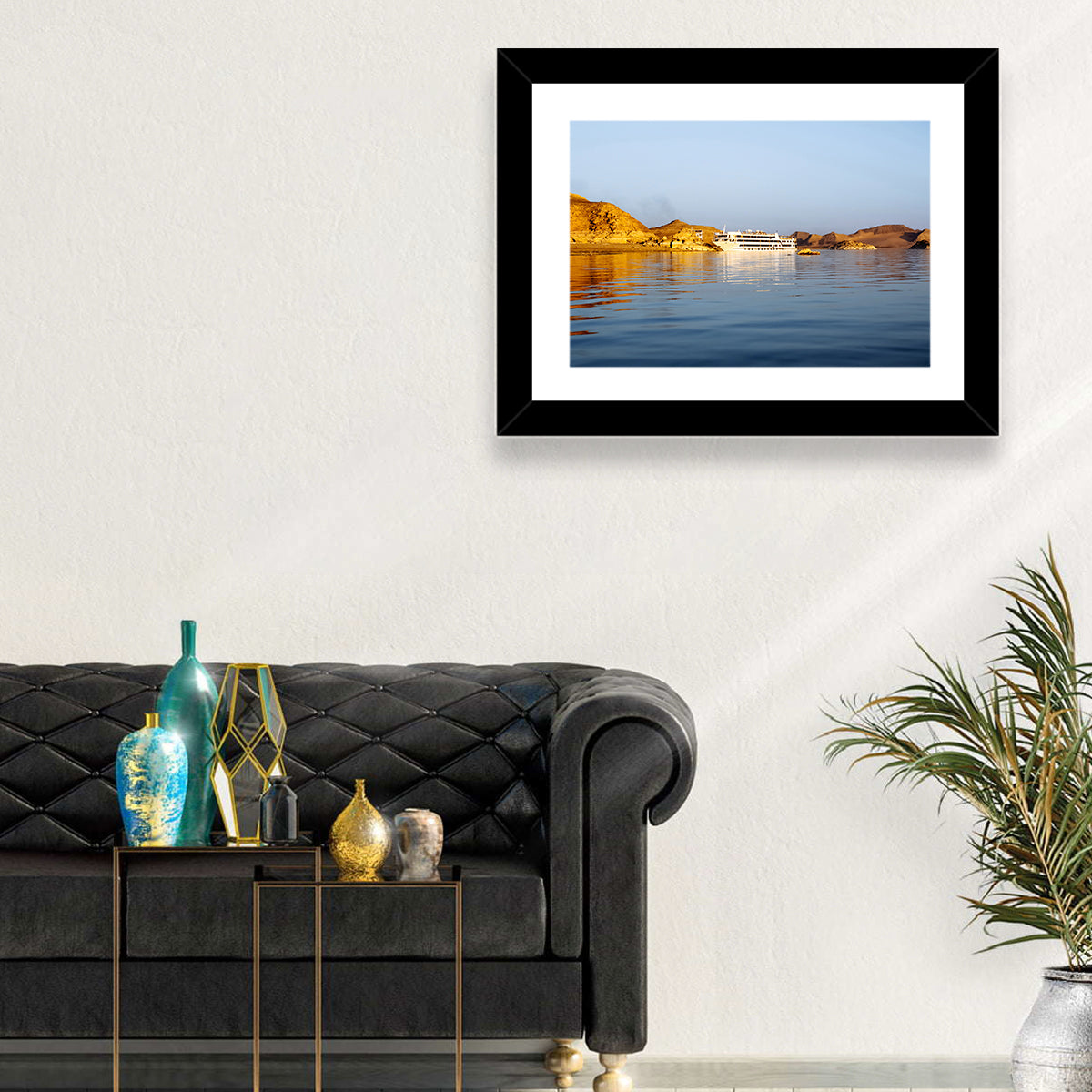 Lake Nasser Cruise Ship at Golden Hour Wall Art in a room, landscape