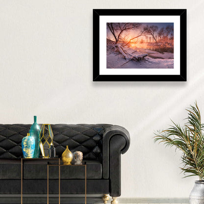 Sunset Over Snowy Forest Lake Wall Art