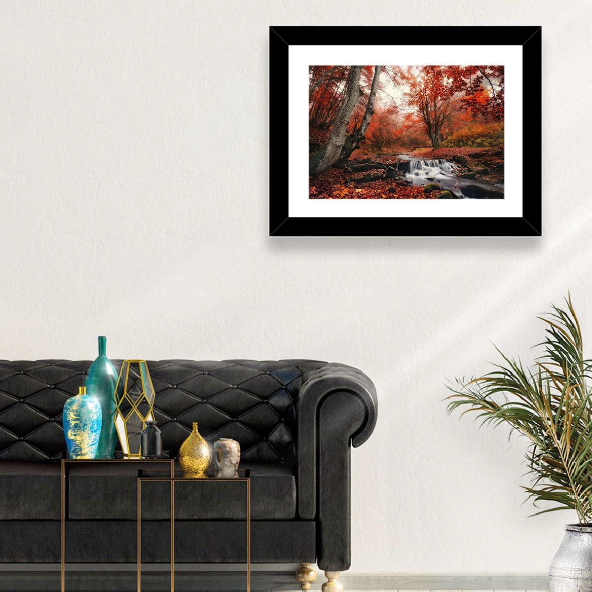 Autumn Forest Stream with Footbridge Wall Art in a room, landscape