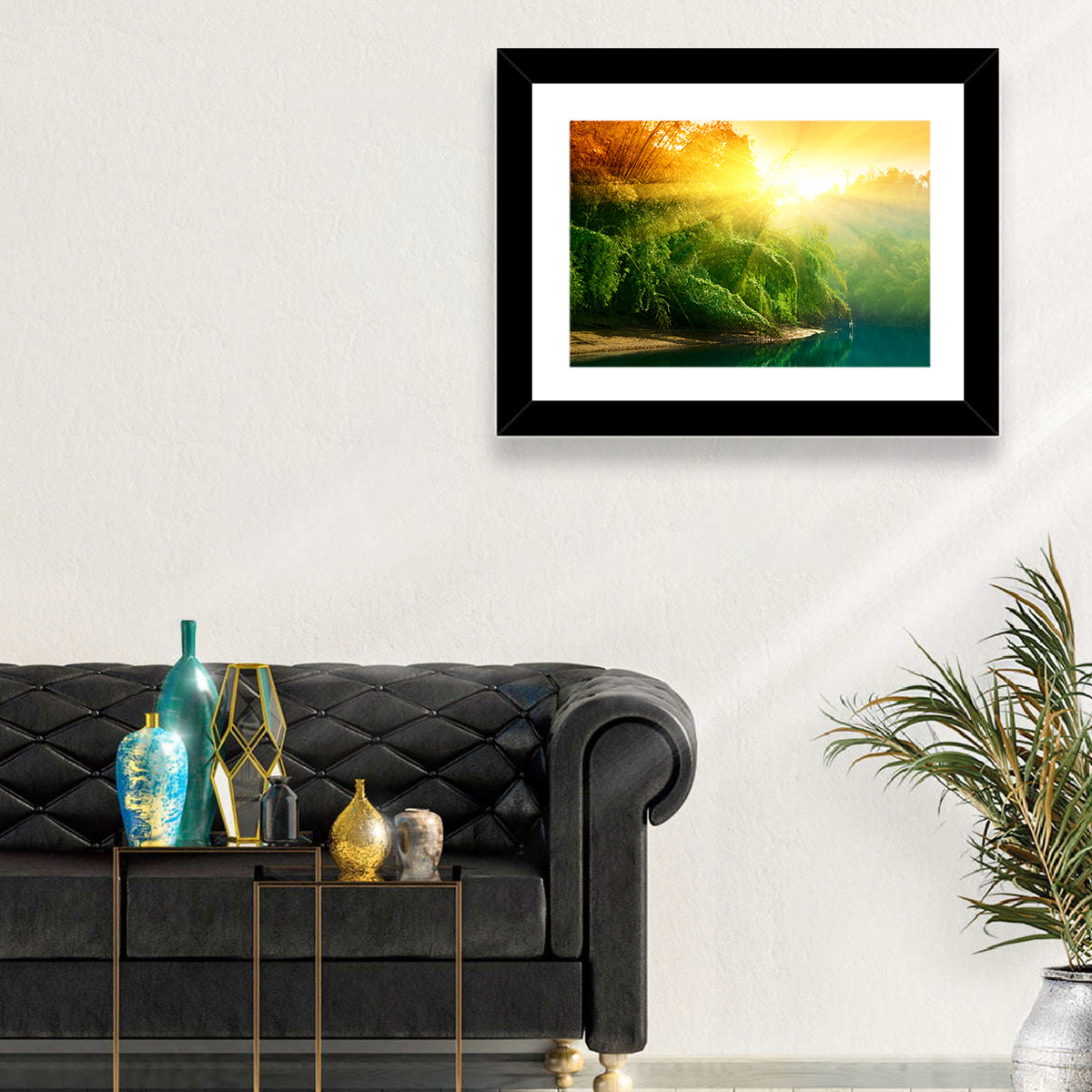 Golden Bamboo Riverbank Wall Art in a room, landscape