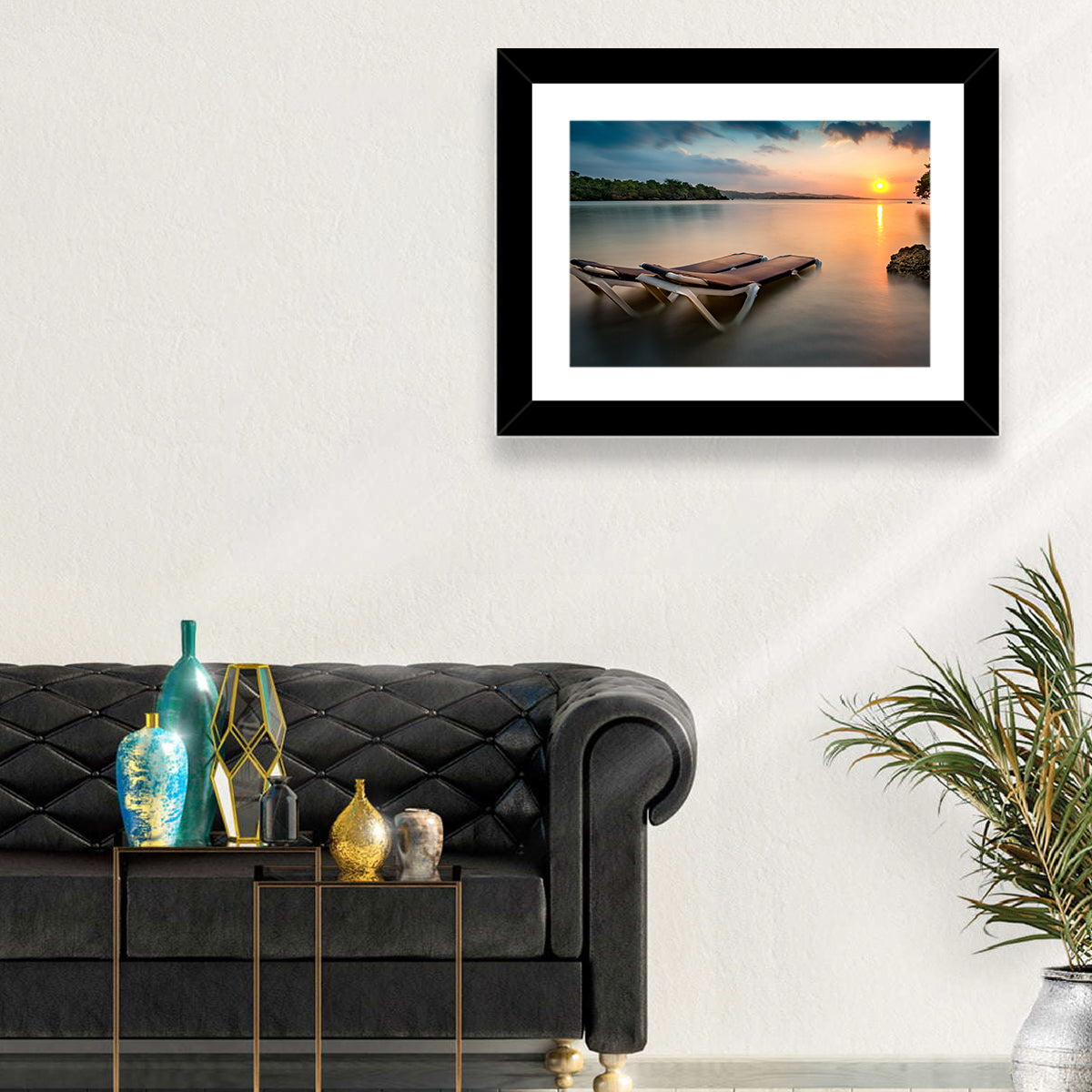 Sunset Over Coastal Lounge Chairs Wall Art
