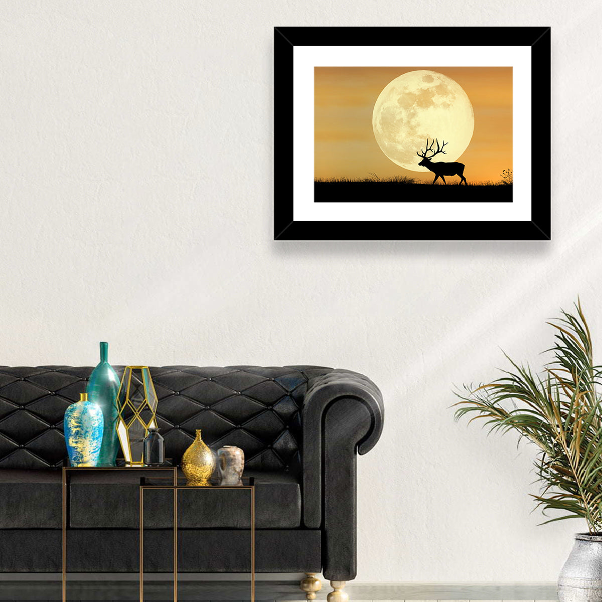 Bull Elk Silhouette Under Supermoon Wall Art in a room, landscape