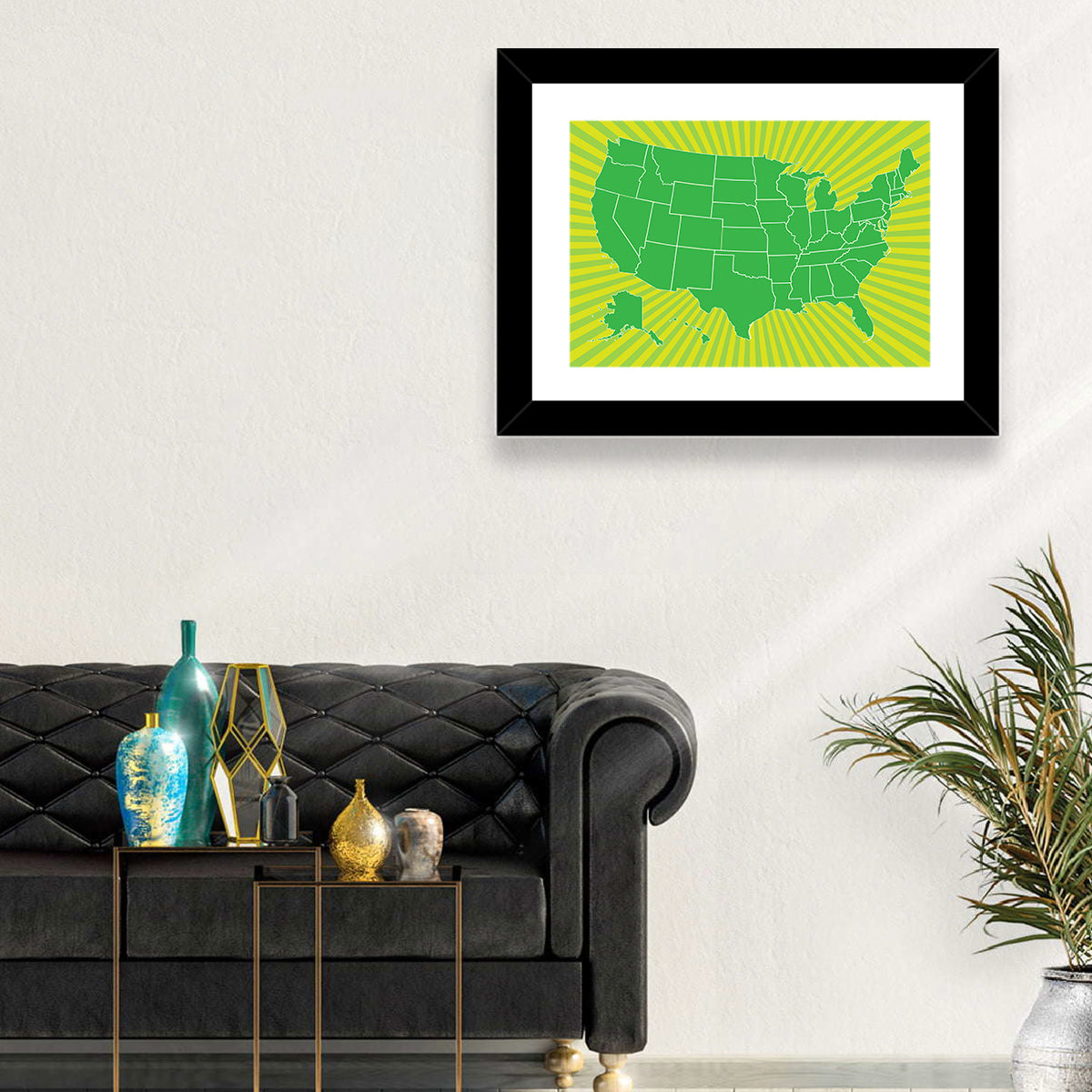 Green Sunburst USA Map Wall Art in a room, landscape