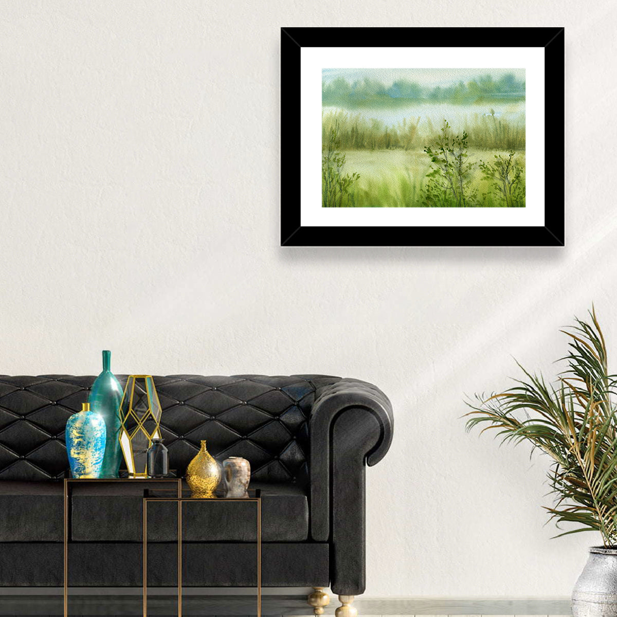 Misty River Meadow Watercolor Wall Art in a room, landscape