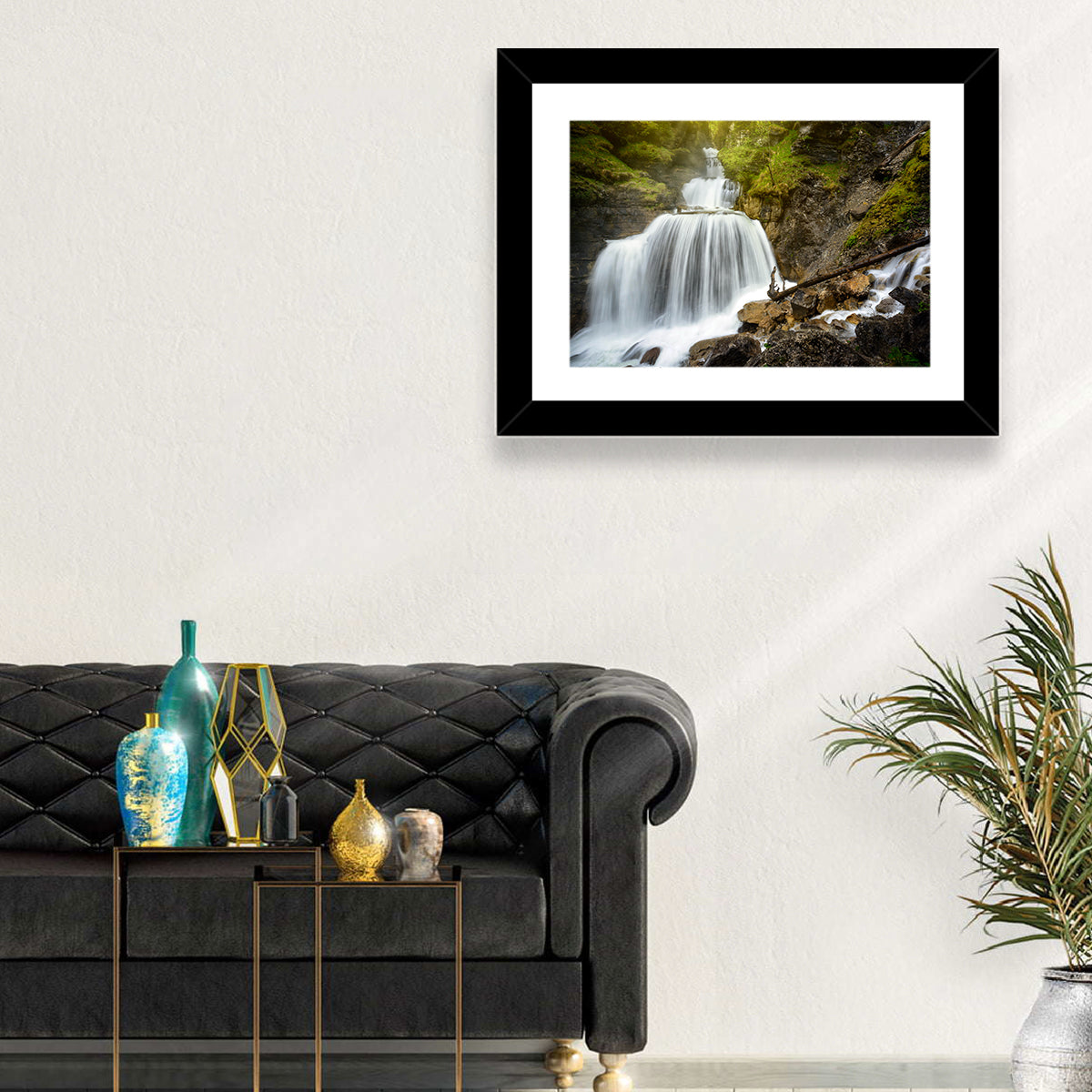 White Cascade Over Mossy Rocks Wall Art in a room, landscape