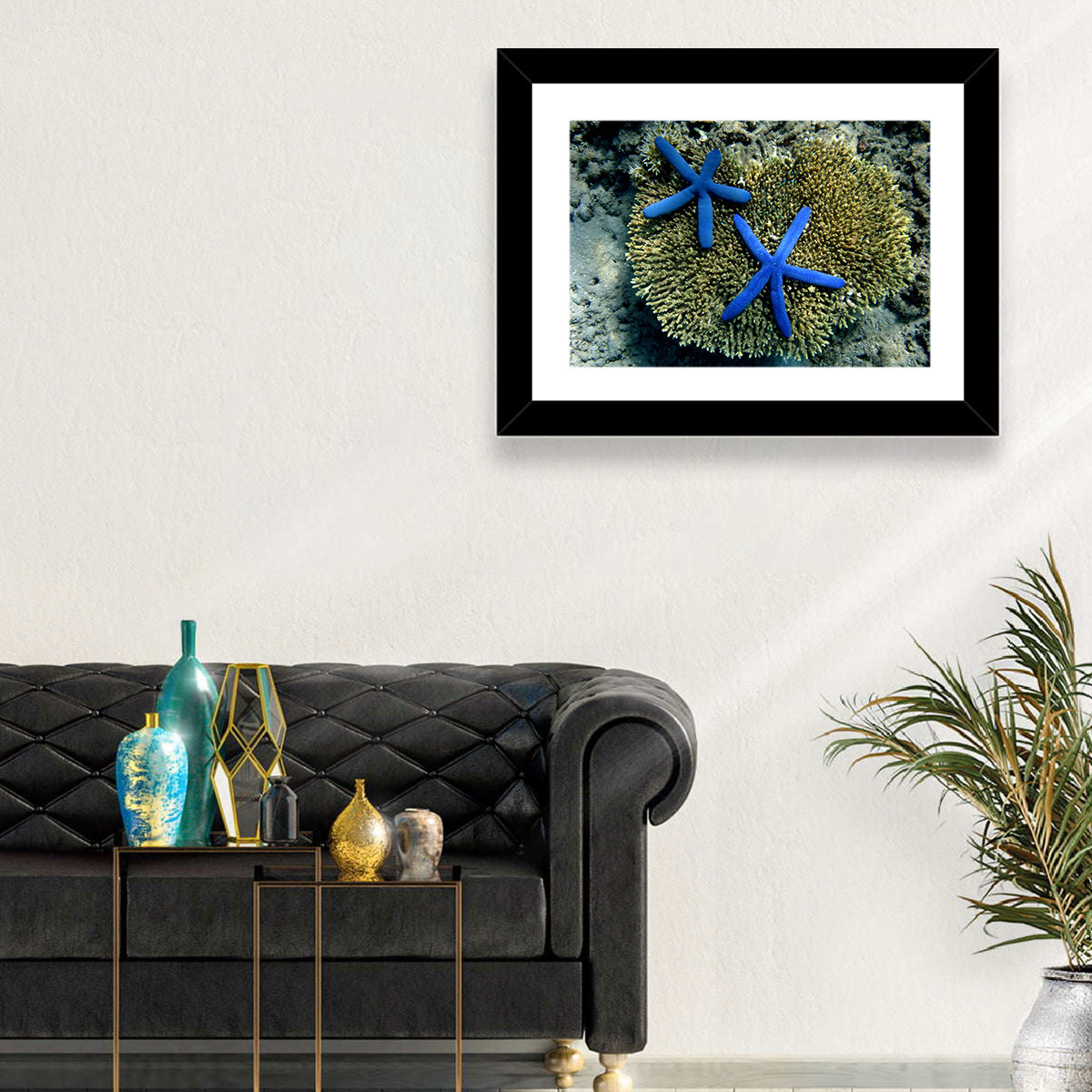 Blue Starfish Wall Art in a room, landscape