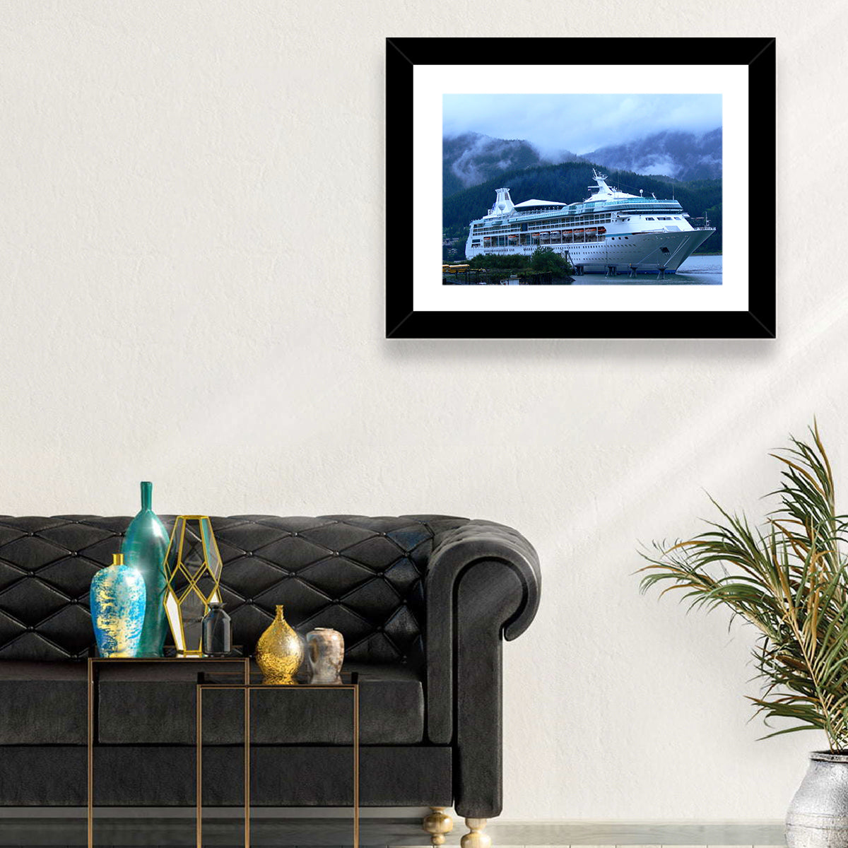 Misty Docked Cruise Ship Wall Art in a room, landscape