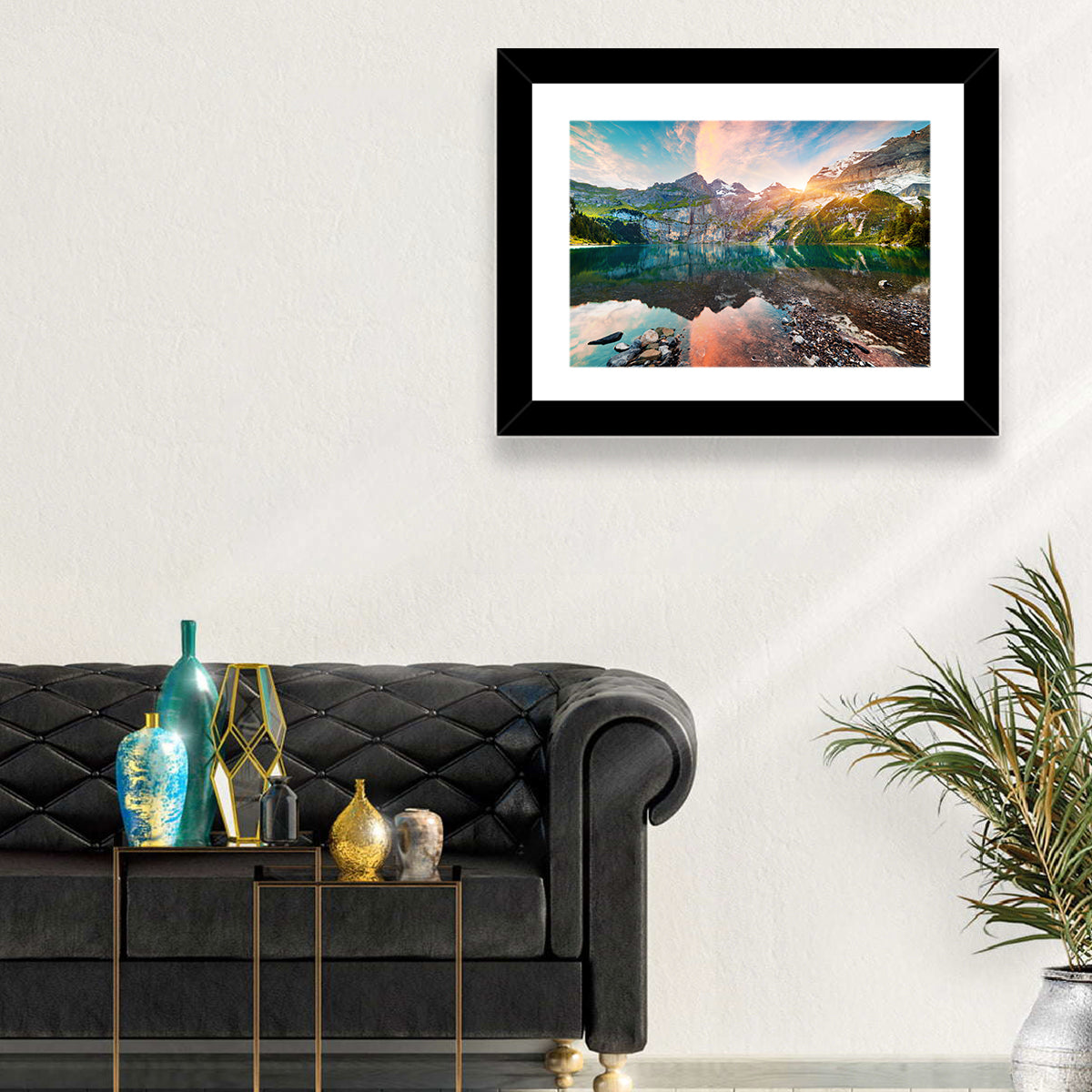 Oeschinensee Reflection Wall Art in a room, landscape