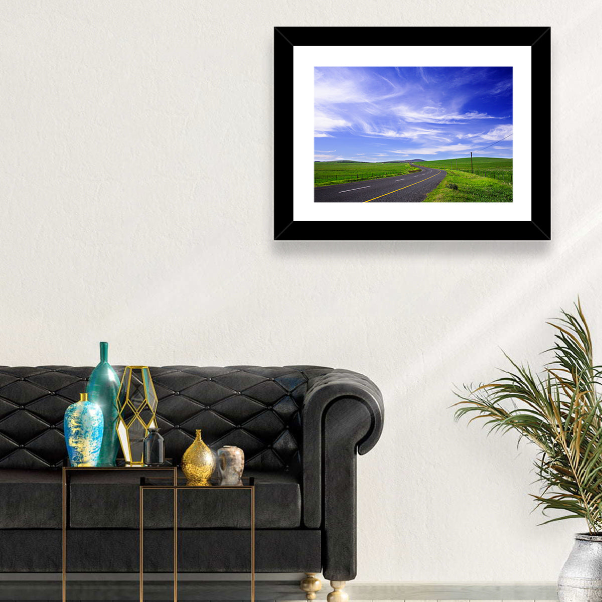 Winding Country Road in Green Fields Wall Art in a room, landscape