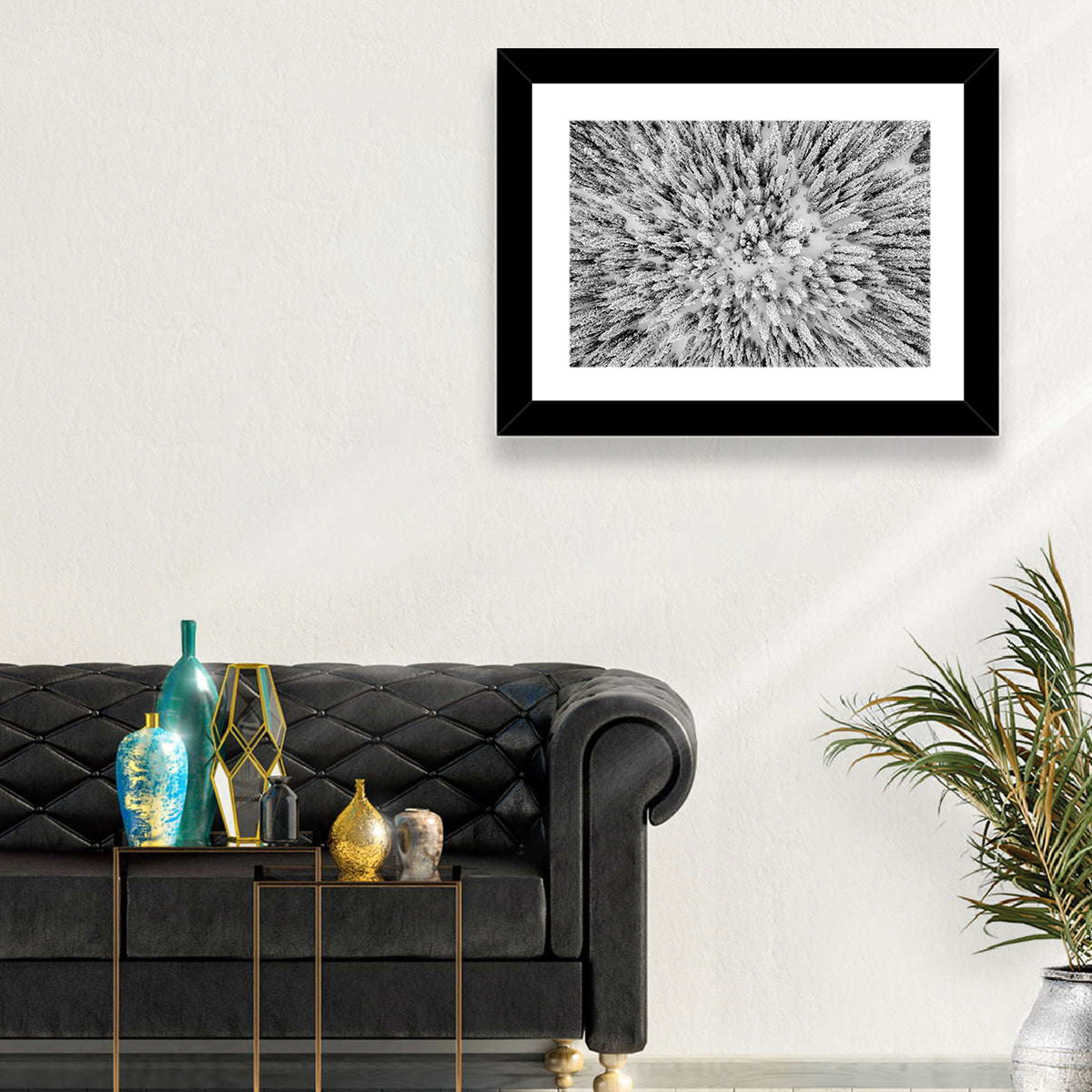 Snowy Aerial Forest Wall Art in a room, landscape